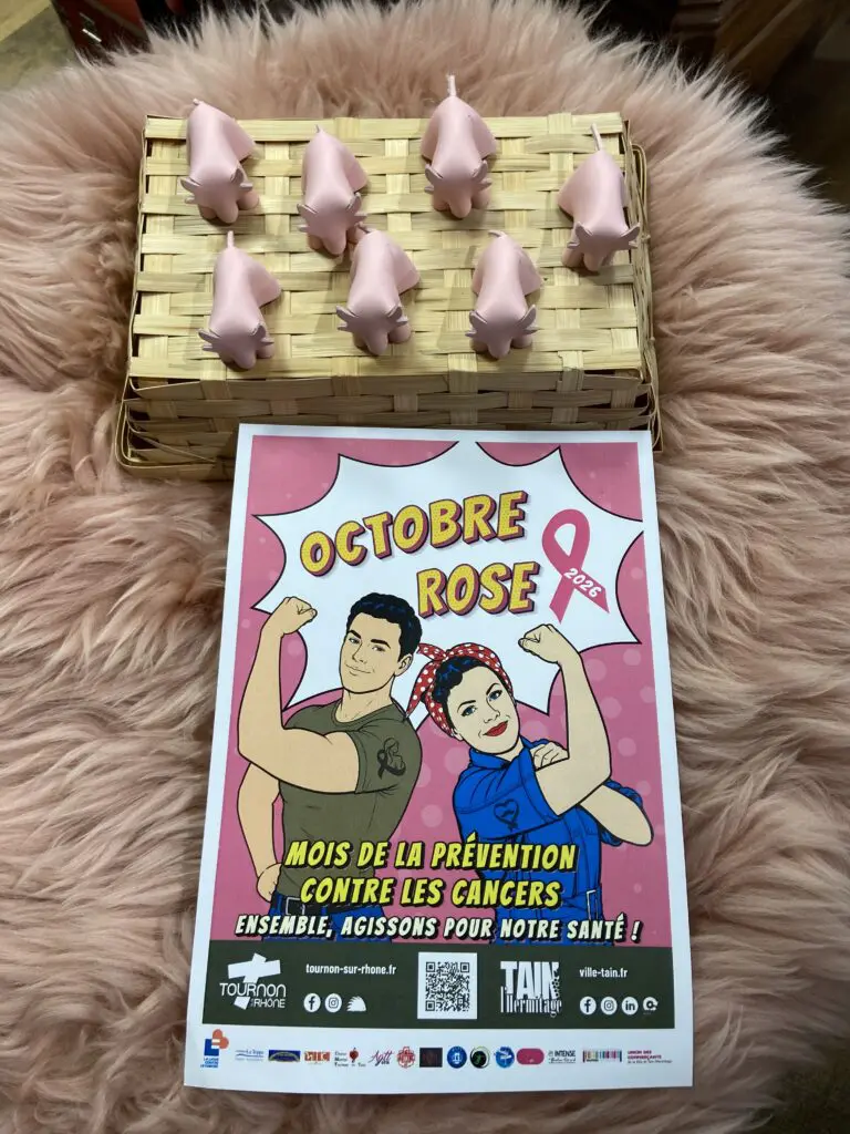 Affiche "Octobre Rose" sur un tapis rose, avec des figurines roses sur un panier en osier, promouvant la prévention du
